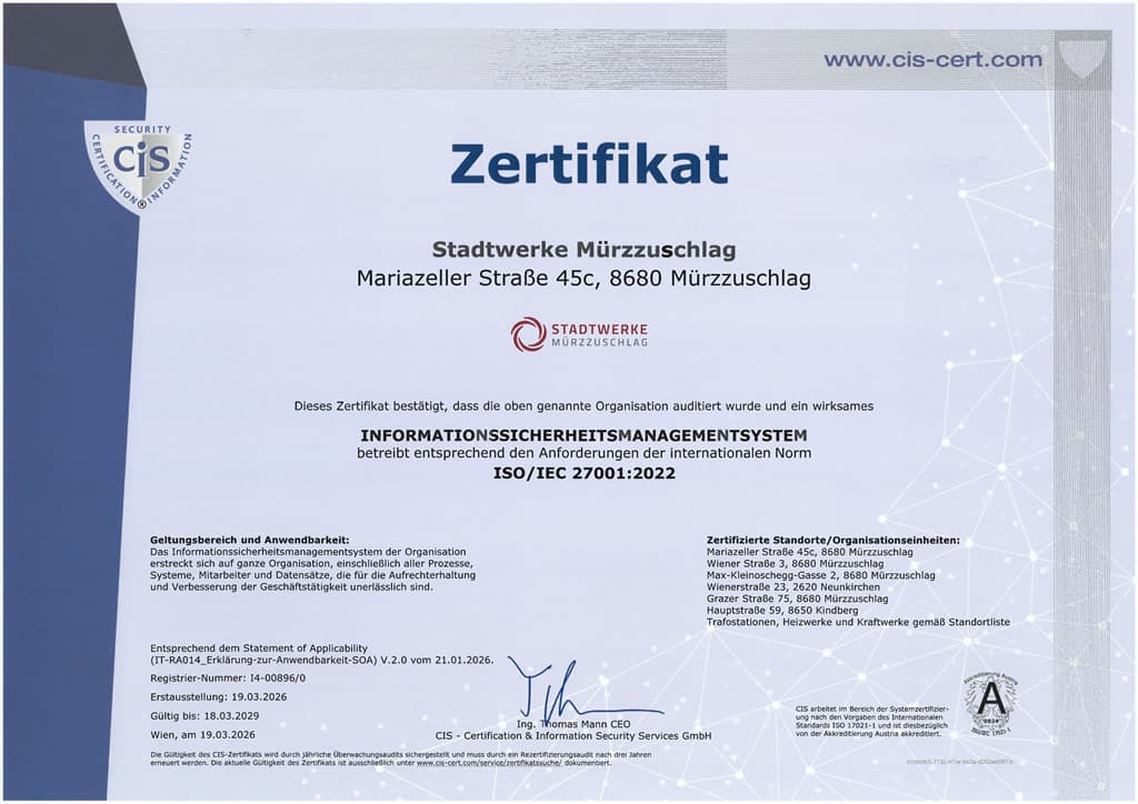 Zertifikat ISO/IEC 27001:2022